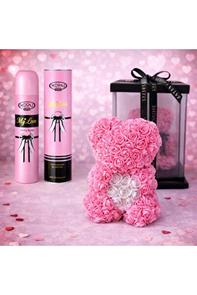 velve Set cadou fete, Ursulet floral roz cu inima alba din spuma 25 cm si Par...