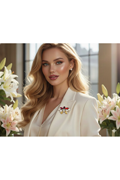 pegu baby collection KIRMIZI-GÜMÜŞ RENK ZİRKON TAŞLI EL YAPIMI ,YAKA BROŞ,YAK...