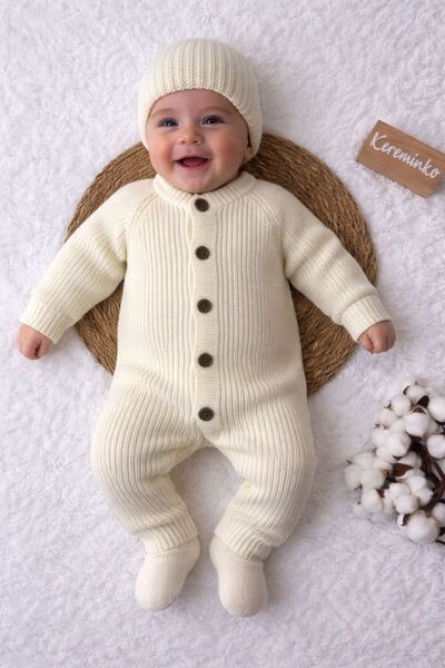 Kereminko Bebek Şapkalı Düğmeli Ekru Selanik Örgü Triko Bebek Tulum 3-6 , 6-9...