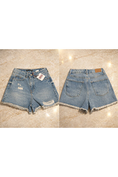 Xlovejeans Kadın Orta Mavi Jean Şort Yırtık Detaylı