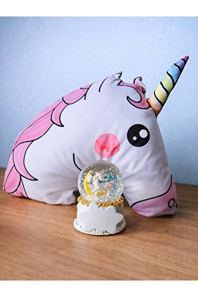 Rüya Kıyısı Kişiye Özel İsimli Orta Boy Unicorn Kar Küresi ve Unicorn Yastık ...
