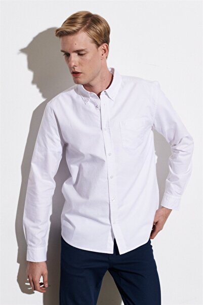 WRANGLER Regular Fit Normal Kesim %100 Pamuk Uzun Kollu Beyaz Oxford Gömlek