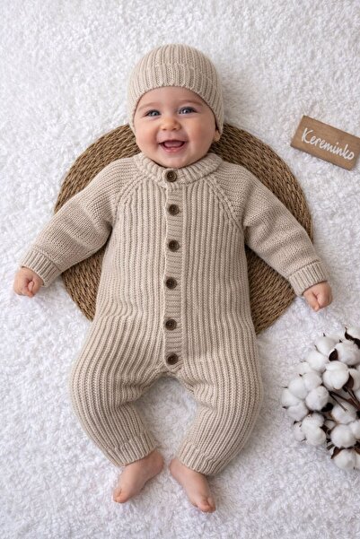 Kereminko Bebek Şapkalı Düğmeli Bej Selanik Örgü Triko Bebek Tulum 3-6 , 6-9 ...