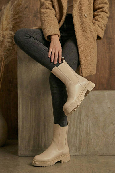 LexasUs Kadın Bej Dizaltı Kalın Taban Bağcıksız Yandan Lastikli Chelsea Bot &...