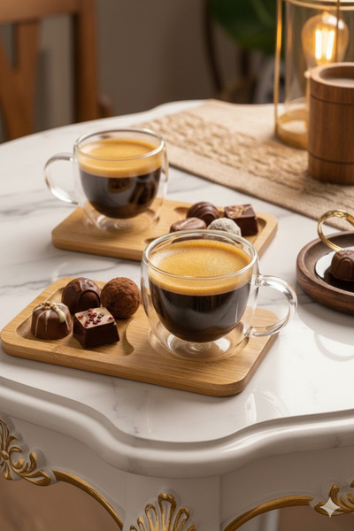 Vivien Home 4parça 2kisilik çift cidarli bardak ve bambu tabakli espresso çay...