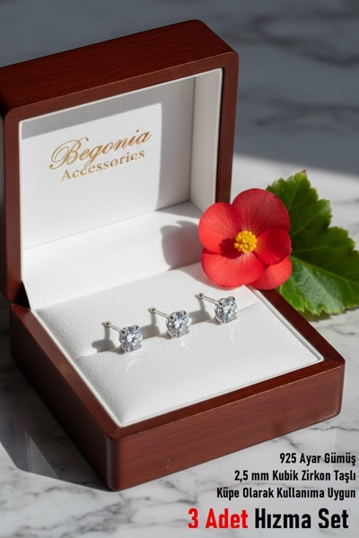 Begonia Accessories 925 Ayar Gümüş 3 Adet Zirkon Tek Taş Küpe Olarak Kullanım...