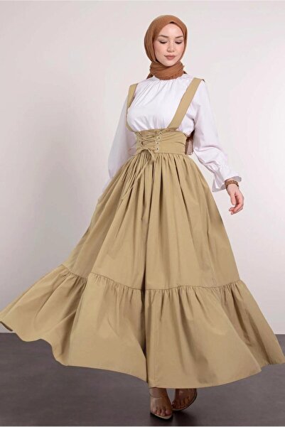 TRENDTESETTÜR KADIN KAHVE (CAMEL) BELİ BAĞCIK DETAYLI SALOPET ELBİSE T 60042