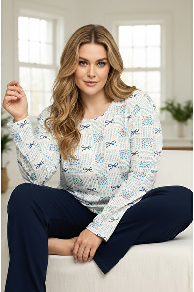 Siyah İnci بدلة بيجامة قطنية كبيرة الحجم منقوشة باللون الأبيض25240793