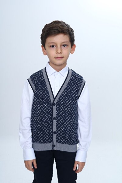 Toontoy Boy's V-Neck Buttoned Knit Vest - Diagonal Patterned