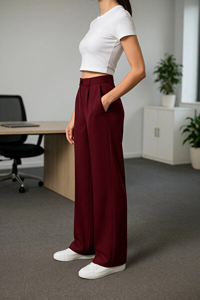 LAVİNİM Palazzo Oversize Orjinal Kesim Bordo Kadın Pantolon