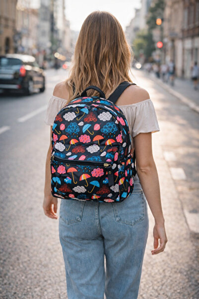 IRILIS Rucsac casual dama din piele ecologica, cu buzunar frontal, imprimeu c...