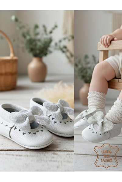 Denokids Baby Girl Booties Genuine Leather Stoned White Soft Sole Shoes Size ...
