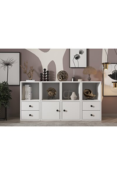 Nettrends Iki Kapaklı Dört Çekmeceli Raflı Beyaz Şifonyer Çıtasız Şfn-1064-ç