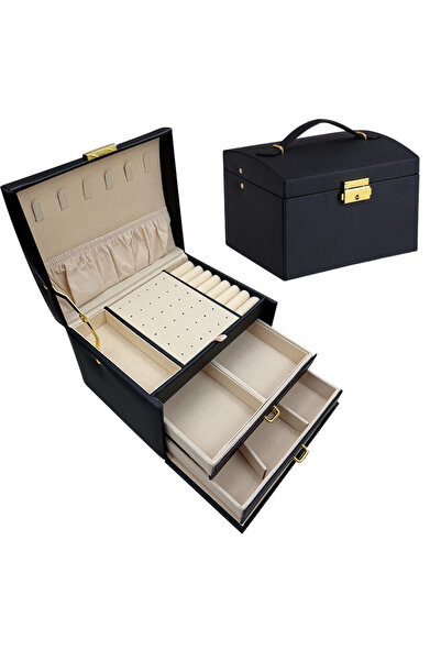 Choice صندوق مجوهرات أسود مكون من قطعة واحدة مزود بقفل ثلاثي الطبقات، مناسب ل...