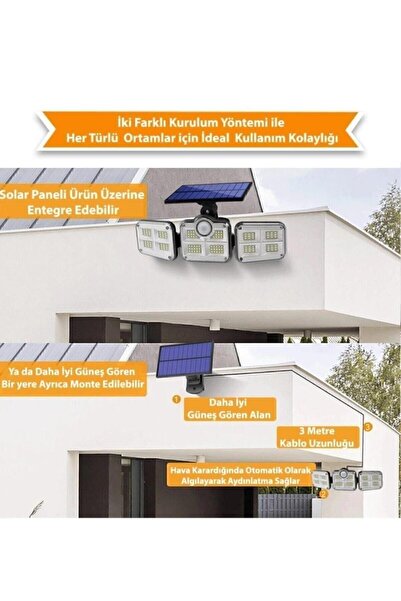 AKIN PAZAR Solar Güneş Enerjili 112 Ledli 4,7 Metre Kablolu Hareket Sensörlü Bahçe Aydınlatma Sokak Lambası