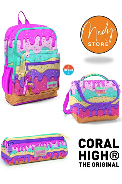 Coral High Pembe Rengarenk Dondurma Desenli 3’lü Okul Çanta Seti