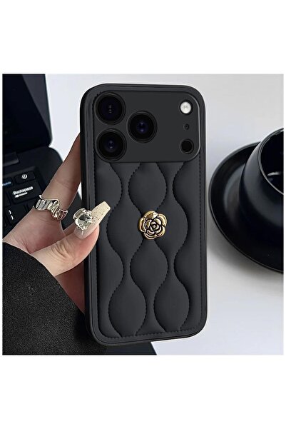 Zebana Apple iPhone 17 Pro Max Uyumlu Kılıf Camellia Deri Kılıf Siyah