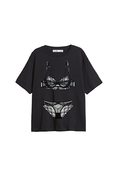 CİNEMA MODA طقم حمالة صدر مطبوع قصة مريحة تي شيرت نسائي أسود