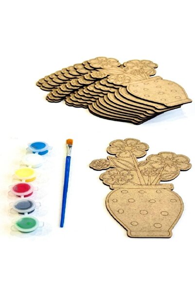M&T WORKSHOP 10 Lu Set Ahşap Boyama Çiçek Vazo Desenli Ahşap Boyama Kreş Okul...