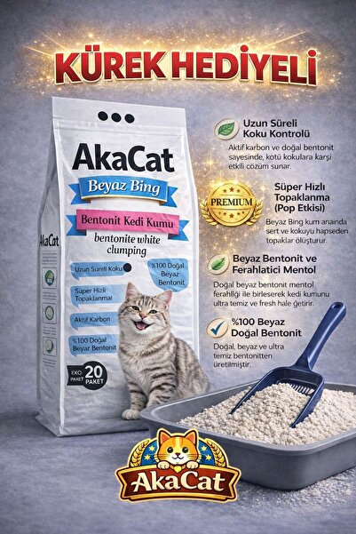 AKACAT AKA CAT 20 Lt Beyaz Bentonit Doğal %100 Topaklaşan Ince Taneli Kedi Ku...