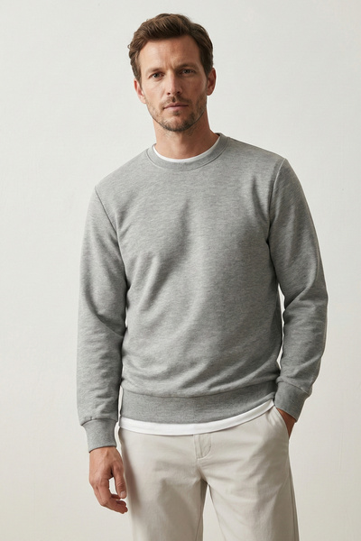 Elemge Pamuklu Erkek Sweatshirt Gri Soft Touch Relax Fit Basic Bisiklet Yaka ...