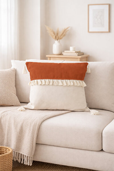 RİTMOHOME Husă de pernă nordică cu franjuri, cremă de scorțișoară