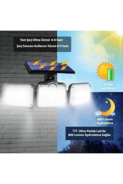 AKIN PAZAR Solar Güneş Enerjili 112 Ledli 4,7 Metre Kablolu Hareket Sensörlü Bahçe Aydınlatma Sokak Lambası