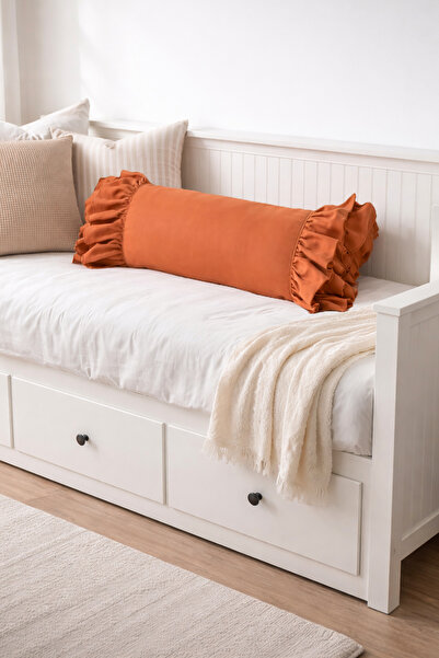 RİTMOHOME Taçın، وسادة رمي طويلة 40 × 100 مع كشكشة بلون الطوب، ريفي، بوهيمي، ...