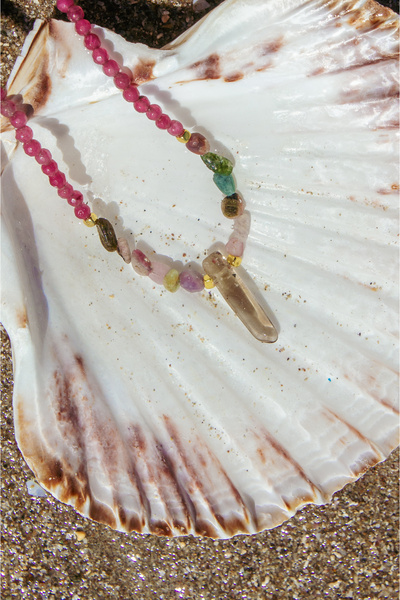 Capo by Aytaç Yamaç Galatea Pink Rhodonite Smoky Quartz and Tourmaline Natural Stone Necklace