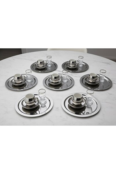 SİNİ Paslanmaz Çelik 6 Adet Yuvarlak Lüx Gümüş Kahve, Çay Sunum Servis Tepsisi