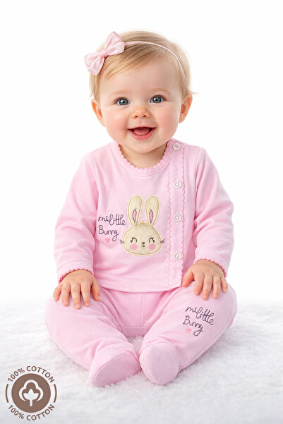 Kız Bebek Little Bunny Nakışlı Penye Bebek Takımı - Pembe