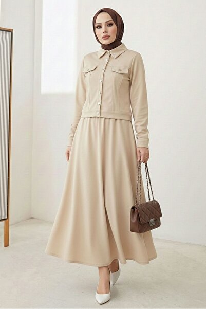 Bestenur Ceket Etek Scuba İkili Takım 1614 - Bej