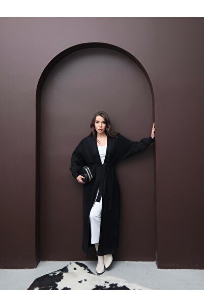 Maysev Kadın Oversize Kemerli Kaşe Dokulu Beyaz Kimono Hırka Premium Uzak Şeh...