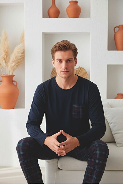 Sude HOMEWEAR طقم بيجامة رجالي منقوش بجيب وأكمام طويلة