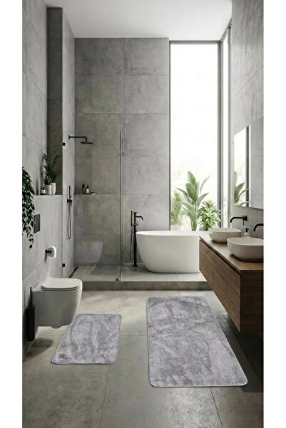 Halispecial Pelusoft-Gri-2’li Banyo Paspası–Kadifemsi Peluş, Kaydırmaz Taban,...