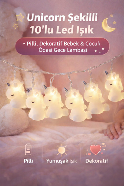 Ecuy Unicorn Şekilli 10'lu Led Işık – Pilli, Dekoratif Bebek & Çocuk Odası Ge...