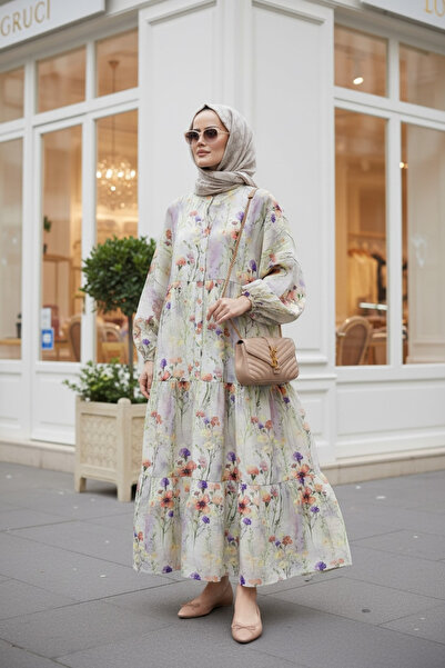 Aselim Hijap Moda Pamuklu Çiçek Desenli Yazlık Robalı Elbise Bej