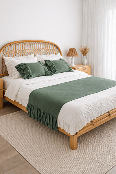 RİTMOHOME طقم مفرش سرير ووسادة رمي مبطنة مقاس مزدوج باللون الأخضر المكشكش، ال...