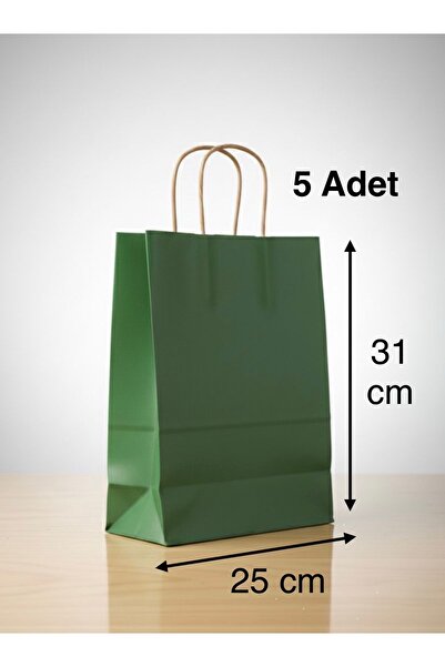 e Erta Yeşil Renkli Kraft Çanta 25x31 Cm -5 Adet- Hediye Poşeti , Hediye Pake...