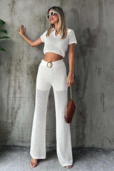 Angel Mia Pantaloni tricot cu detaliu curea Ecru