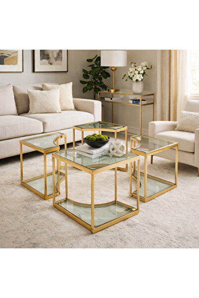 Vi Markets طقم طاولات خدمة - استيل ذهبي بأسطح زجاجية