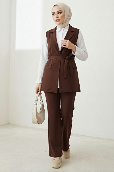 Bestenur Niyar Yelek Pantolon İkili Takım 1530 - Acı Kahve