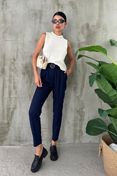 Angel Mia Pantaloni casual cu curea albastru bleumarin