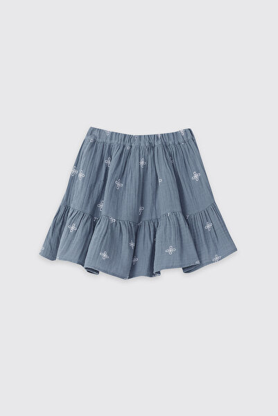 Panço Kız Çocuk Nakışlı Civit Mavisi Müslin Etek