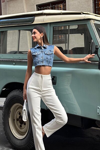 Angel Mia Pantaloni ecru cu talie înaltă