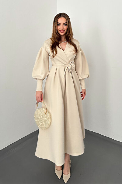 Elbee Fashion Woman Rochie de scuba cu detalii trandafiri bej