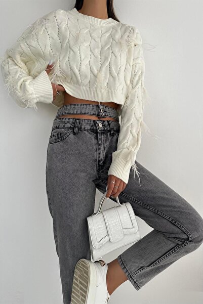 Angel Mia Γκρι με διπλή ζώνη Mom Jean Snow Wash