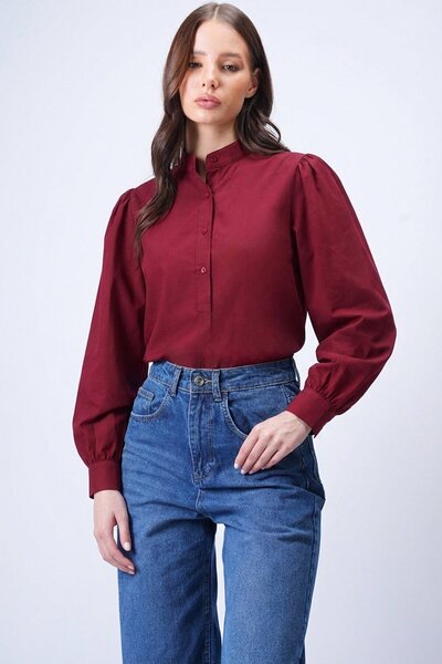 VAGGON Bordo Hakim Yaka Önü Düğmeli Balon Kol Poplin Dokuma Bluz