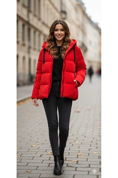 MODA Kırmızı A kalite premium su geçirmez şık şişme mont