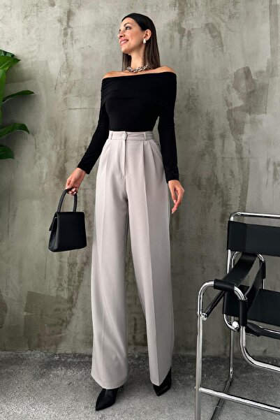 Angel Mia بنطال رمادي واسع الساق مع جيوب